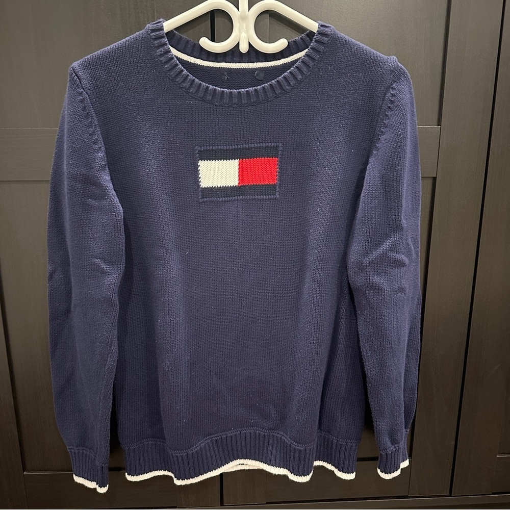 Vintage Tommy Hilfiger Navy Blue Cotton Sweater with Logo Women’s